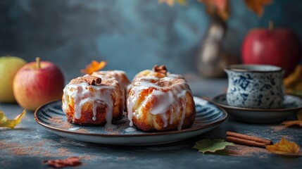 Fototapeta premium Apple fritters with cinnamon glaze, autumn setting, space to copy
