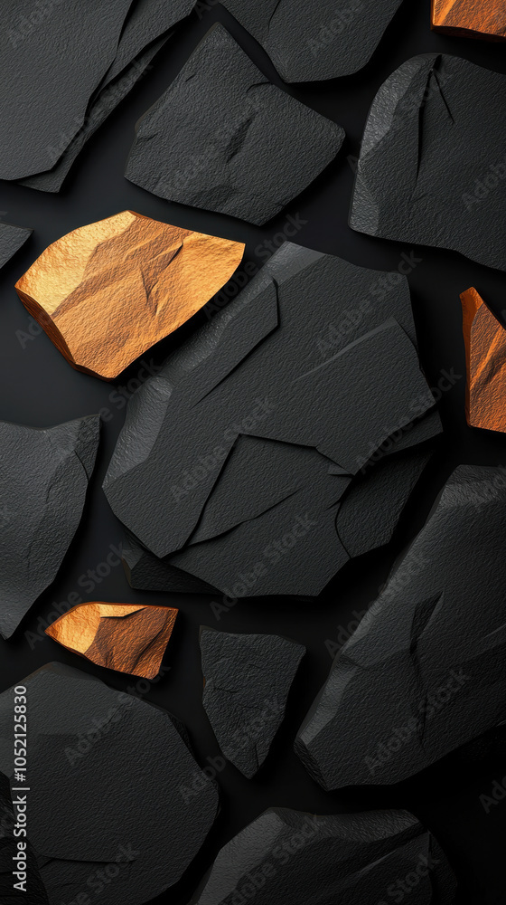 Poster textured black background with light play adding depth, featuring various rock shapes and metallic a
