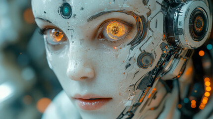 Close-up of a humanoid robot with detailed circuitry and glowing mechanical eyes