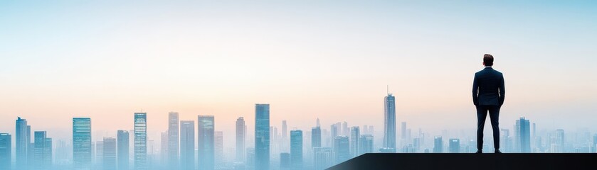 Fototapeta premium A businessman stands on a rooftop, gazing at the horizon over a modern city skyline, symbolizing ambition and opportunity.