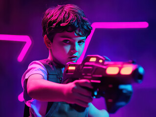 Young boy playing laser tag in a vibrant, neon-lit arena, focused and determined.