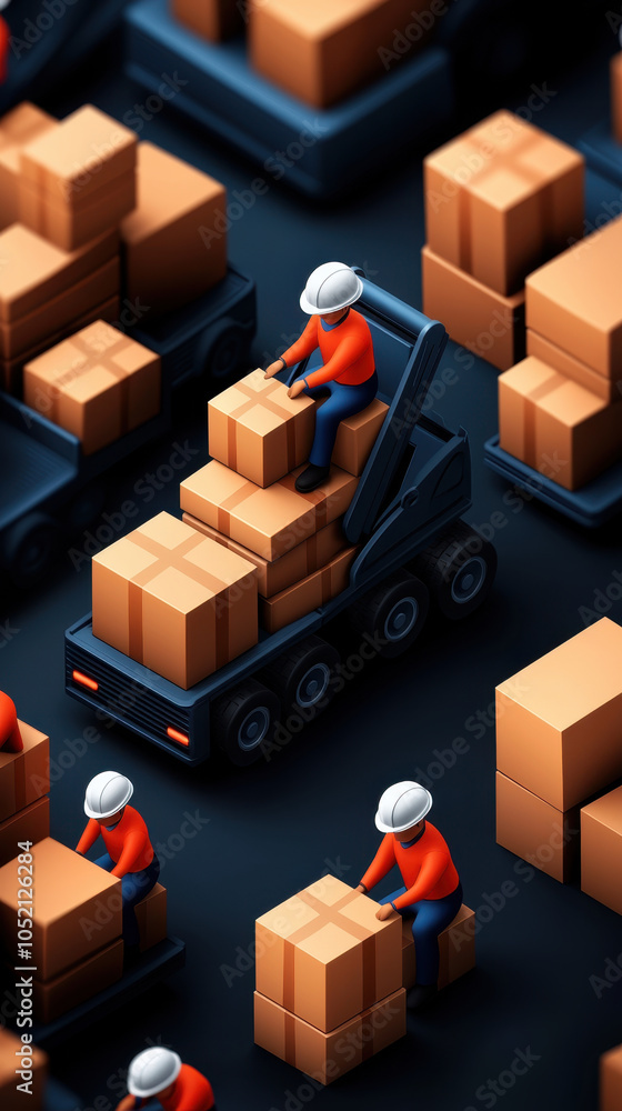 Poster organized workers in warehouse efficiently stacking boxes symbolize teamwork and productivity. scene