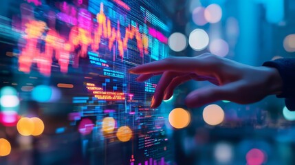 AI driven financial portfolio management A hand interacting with a floating digital interface, showing AI-based portfolio suggestions, stock trends, and investment projections