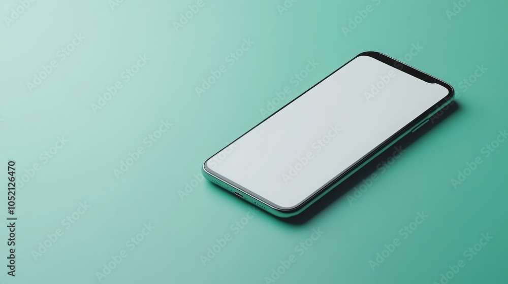 Poster a blank smartphone rests on a smooth turquoise surface, showcasing its sleek design and contemporary