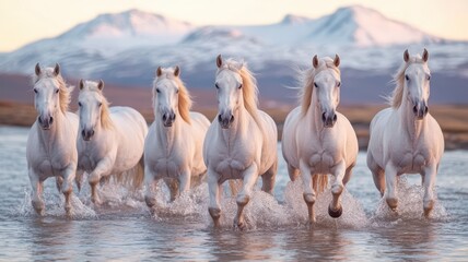 A dynamic scene of six majestic white horses running through shallow water with snow-capped mountains in the background.