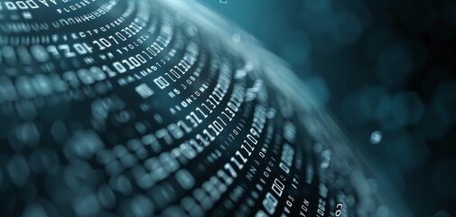 Close-up of digital binary code flowing in a futuristic environment, symbolizing data transmission and technological advancement.