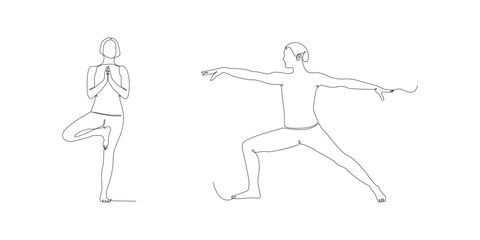 yoga tree pose and warrior pose examples. advanced line art. physical and mental health movements