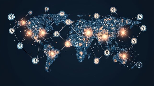 Global money flow visualization A world map with money symbols flowing between continents, connected by bright digital lines representing global financial transactions