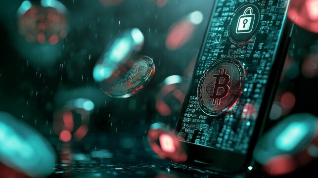 Cryptocurrency wallet with secure encryption A digital wallet on a mobile device with floating crypto coins, secure lock symbols, and encryption codes