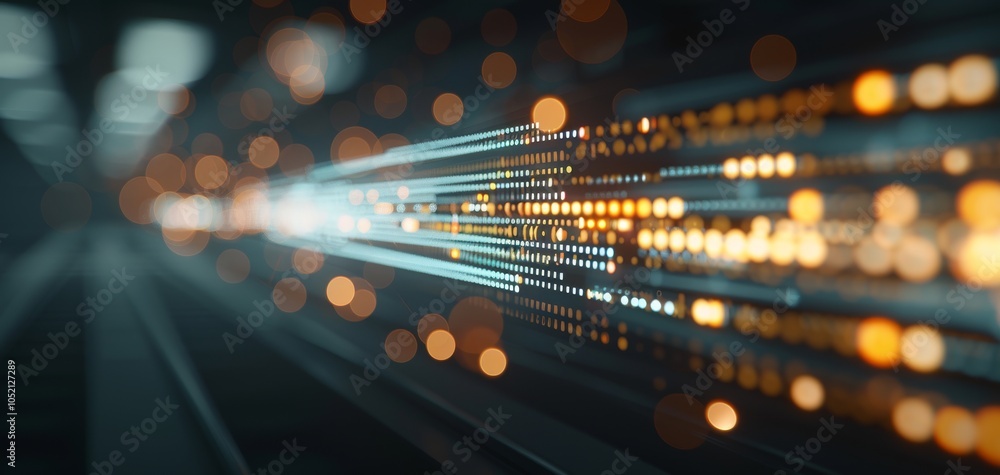 Poster Abstract representation of digital light trails and glowing particles, creating a sense of motion and speed, ideal for illustrating technology concepts.