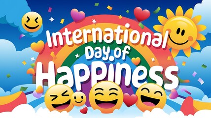 Obraz premium International Day of Happiness with Emojis and Rainbow