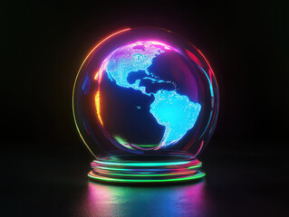 A glowing digital globe with vibrant neon lights on a dark background, highlighting the Americas.