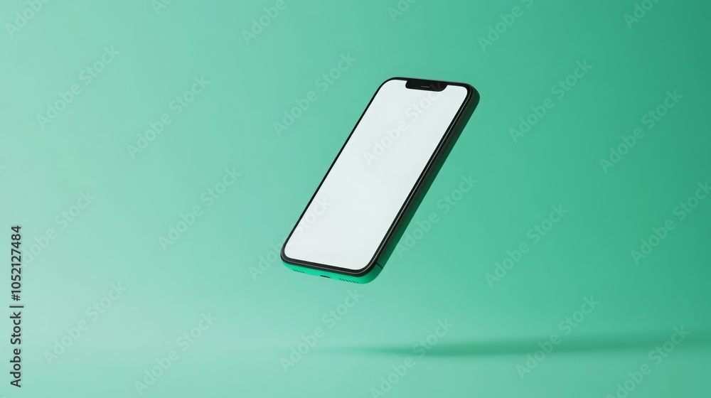 Poster A black smartphone with a blank screen is floating horizontally in front of a teal background. The phone is tilted slightly, so its top edge is closer to the camera.