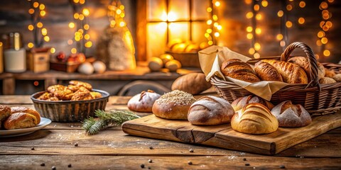 Rustic Bakery Display with Parchment Paper on Wooden Table for Urban Exploration Photography
