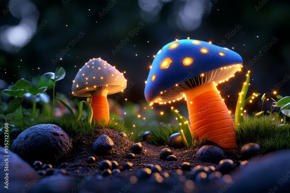 Poster a magical forest scene with glowing mushrooms and colorful carrots growing in a mystical landscape u