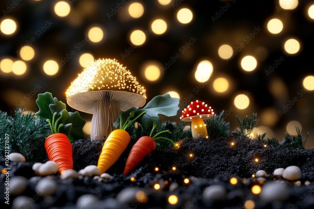 Poster a magical forest scene with glowing mushrooms and colorful carrots growing in a mystical landscape u