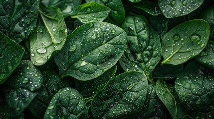 Close-up shot of fresh spinach leaves with water drops.