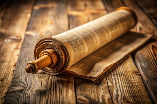 Sacred Scroll on Wooden Surface - Ancient Torah or Pentateuch Unrolled with Weathered Parchment Text for Religious