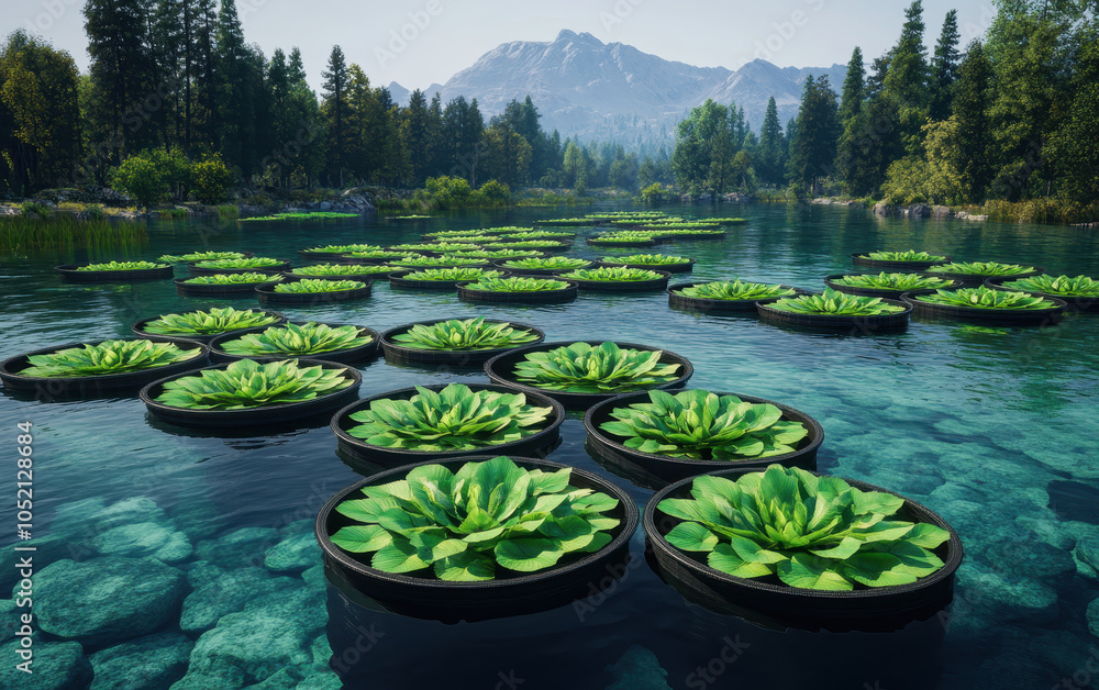 Poster a serene lake landscape featuring lush lily pads with mountains in the background, surrounded by den