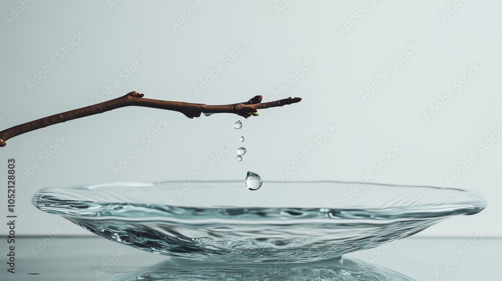 Poster a drop of water falls from a branch in a plate, creating ripples.