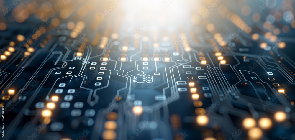 Aufkleber Close-up view of a circuit board with glowing elements, representing the intricacies of modern technology and innovation in electronics.