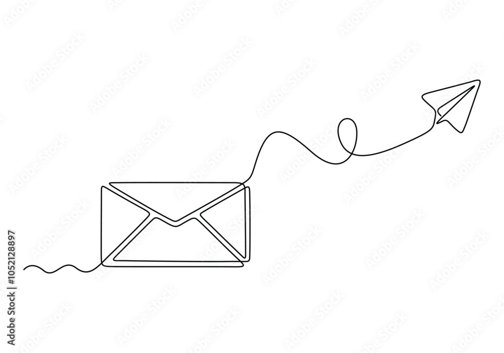Poster continuous one line drawing of envelope mail with airplane paper. single line draw design graphic ve