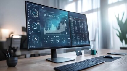 Naklejka premium AI-powered stock market trading platform A computer screen showing an AI-driven stock trading platform with graphs, price trends, and automation symbols