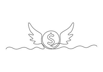 One line drawing coins dollar with wings flying in the sky. Lost money concept. Flying money. Economy, finance, money pictogram. Vector illustration