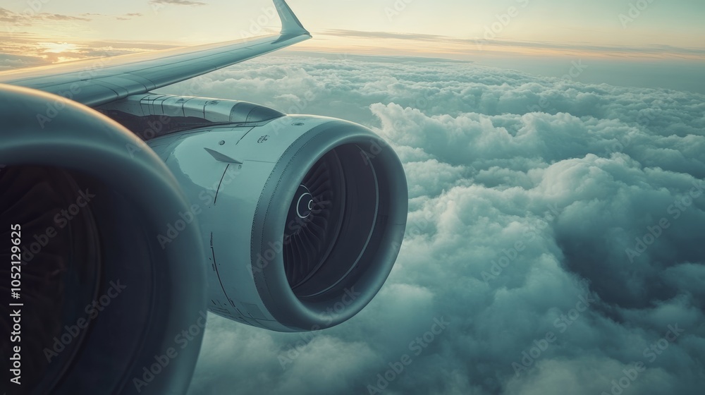 Poster powerful jet engine is propelling an airplane through a beautiful cloudscape, illuminated by the war