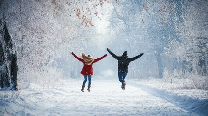 Excited duo jumping in snowy forest with joy.