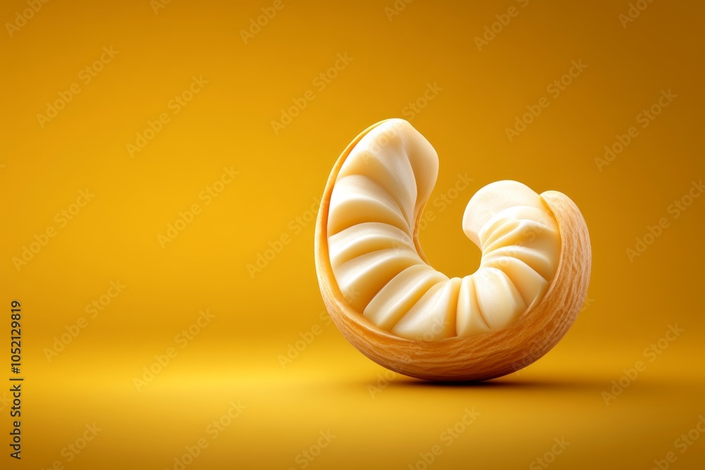 Poster a minimalist illustration of a single cashew nut, with simple, curved lines and soft tan color captu