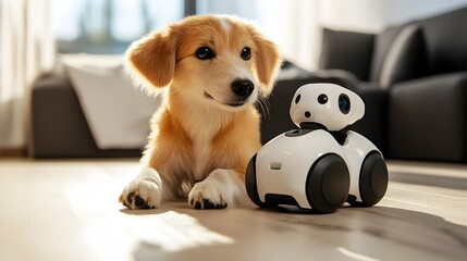 Robotic Pet Assistant Playing with Family Dog at Home