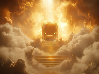 Majestic golden throne surrounded by luminous clouds and ethereal light, evoking a sense of divine royalty and grandeur.