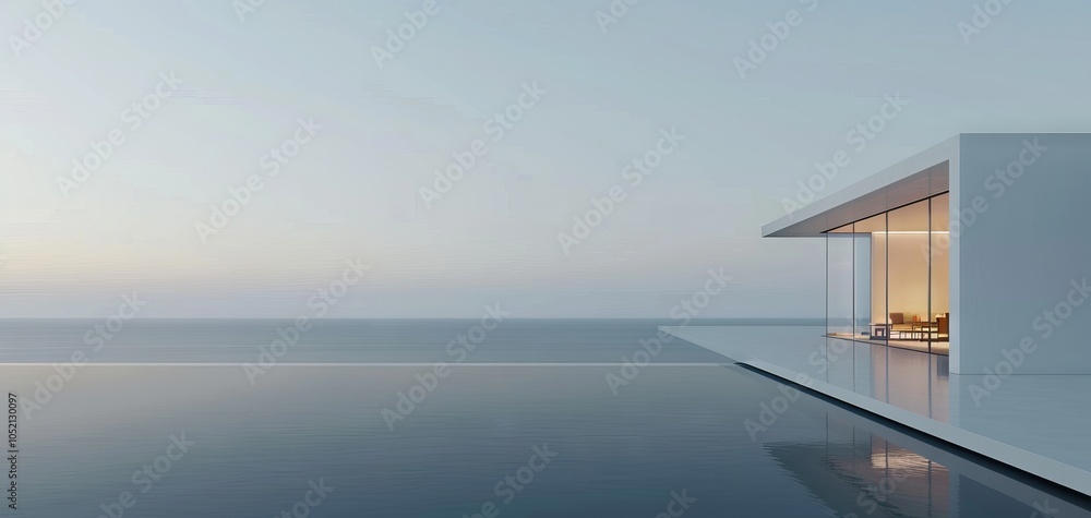 Aufkleber Modern architectural design featuring a sleek house with glass walls set against a serene ocean backdrop, reflecting the tranquil atmosphere and minimalist aesthetic.