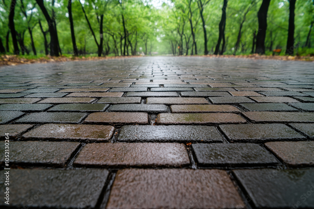 Poster a serene pathway lined with lush greenery, featuring wet, shiny bricks reflecting a tranquil atmosph
