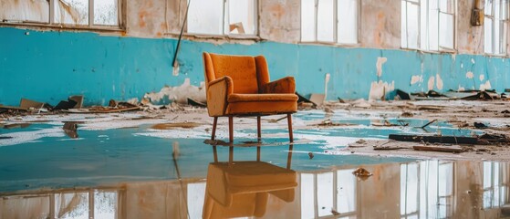 Flooded living space with debris on reflective water surface, ruined walls, empty armchair, somber mood, concept of water damage