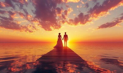 Fototapeta premium 3D wedding couple holding hands on a lakeside pier, their silhouettes reflected in the water as the sun sets