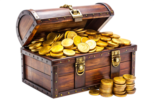 treasure chest with gold coins on white background.AI GENERATED