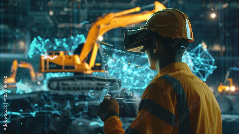 Poster a construction worker using a 5glinked vr program to practice operating heavy machinery in a variety