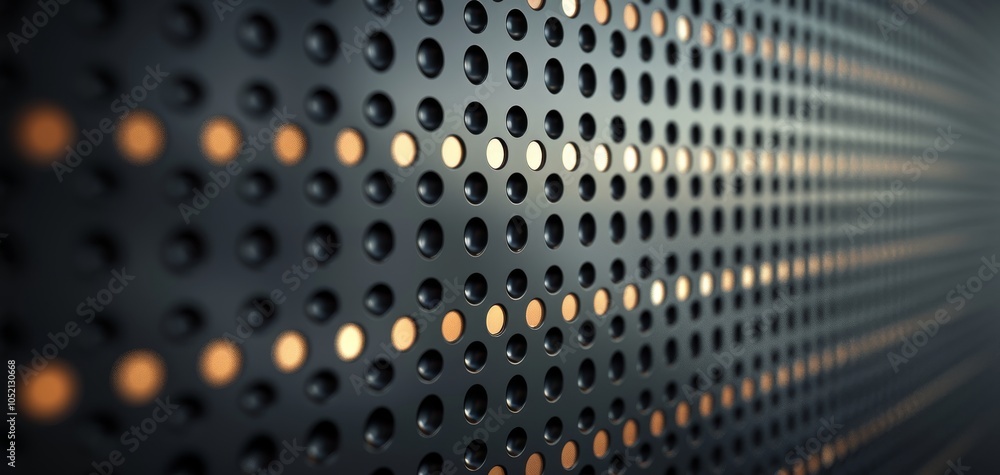 Aufkleber Close-up view of a black surface with circular perforations and warm light accents, creating a modern and dynamic pattern that evokes a sense of depth and texture.