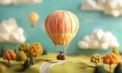 Obraz premium Hot air balloon flies over miniature landscape.
