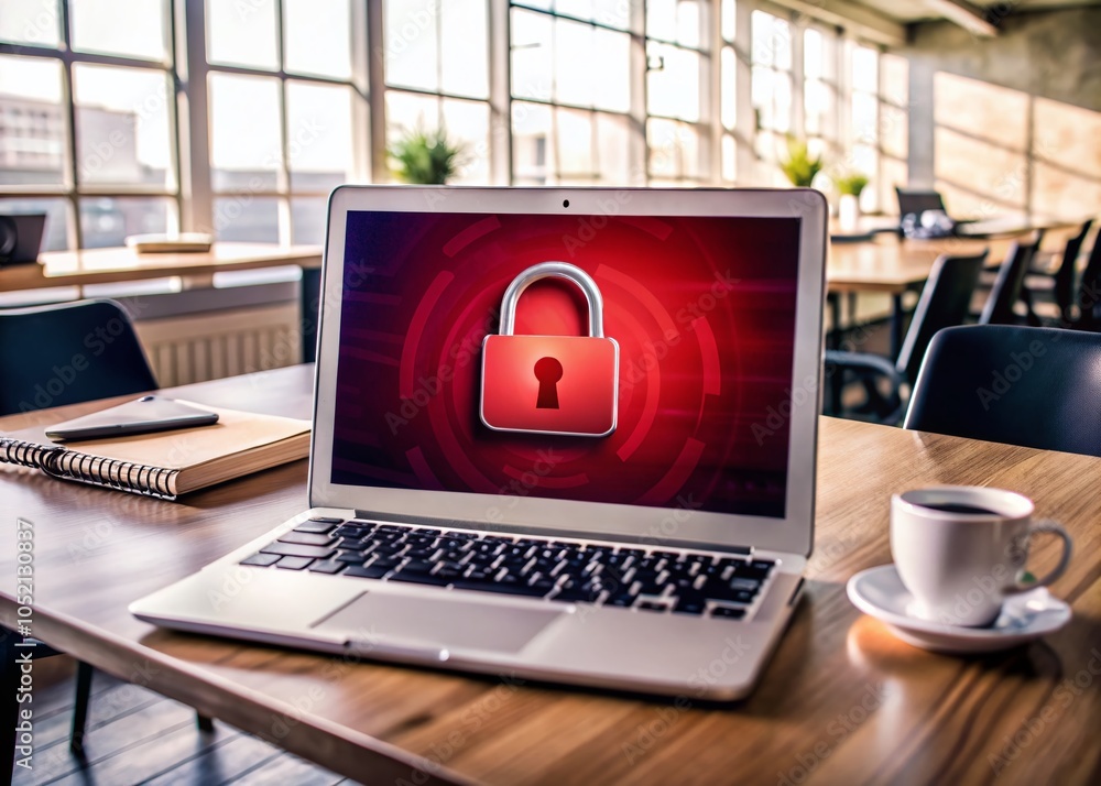 Poster secure employee data management with confidential laptop screen displaying virtual padlock icon