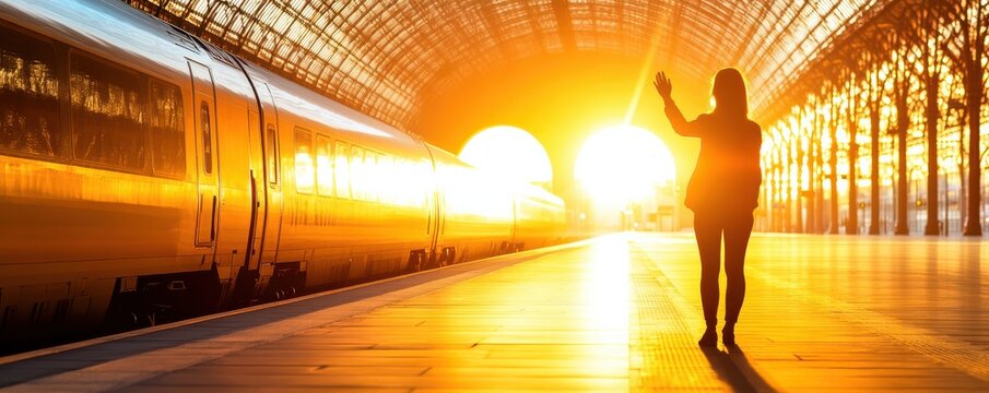 A traveler waves goodbye in a train station at sunset, capturing a moment of departure and reflection in warm golden light.