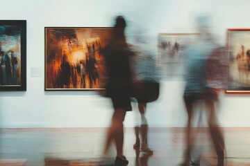 Blurred motion of people walking through an art gallery with framed artworks on the walls