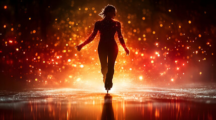 Naklejka premium Silhouette of a Skater on an Ice Rink with Sparkles