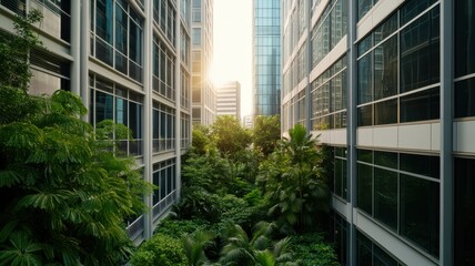 A tranquil urban oasis framed by modern buildings, showcasing lush greenery and warm sunlight creating a serene atmosphere.