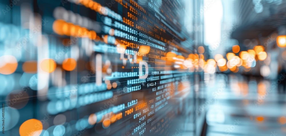 Poster Abstract representation of digital data with glowing lines and blurred lights, symbolizing modern technology and connectivity.