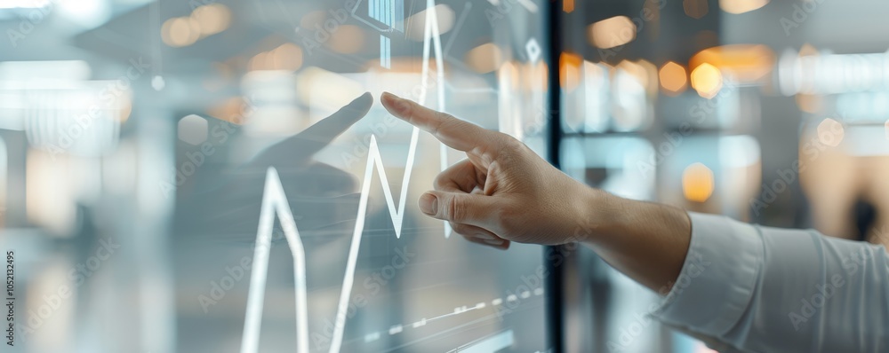 Poster A person's hand pointing at a digital touchscreen displaying a growing financial graph with bright reflections in a modern office environment.