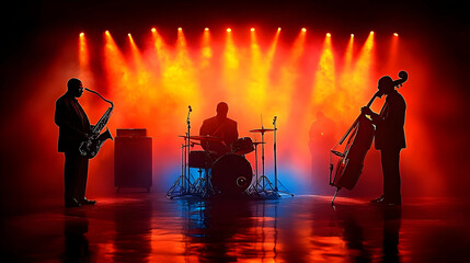 Fototapeta premium Silhouettes of Musicians on Stage with Lighting