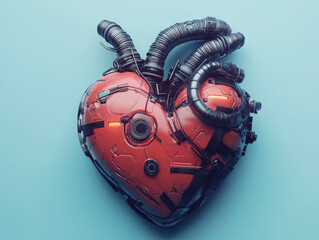 Futuristic robotic heart with mechanical features and glowing red elements on a blue background.